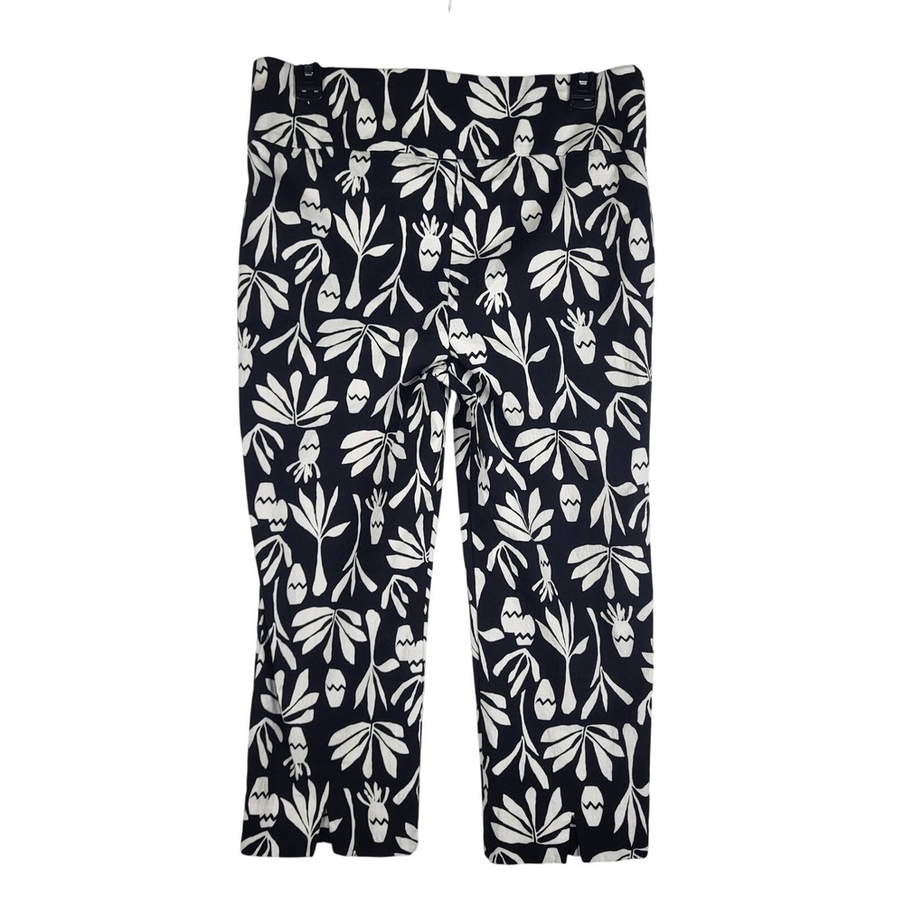 Chico's Crop Pants Women 1.5 L Black White Floral Botanical Pull On Casual